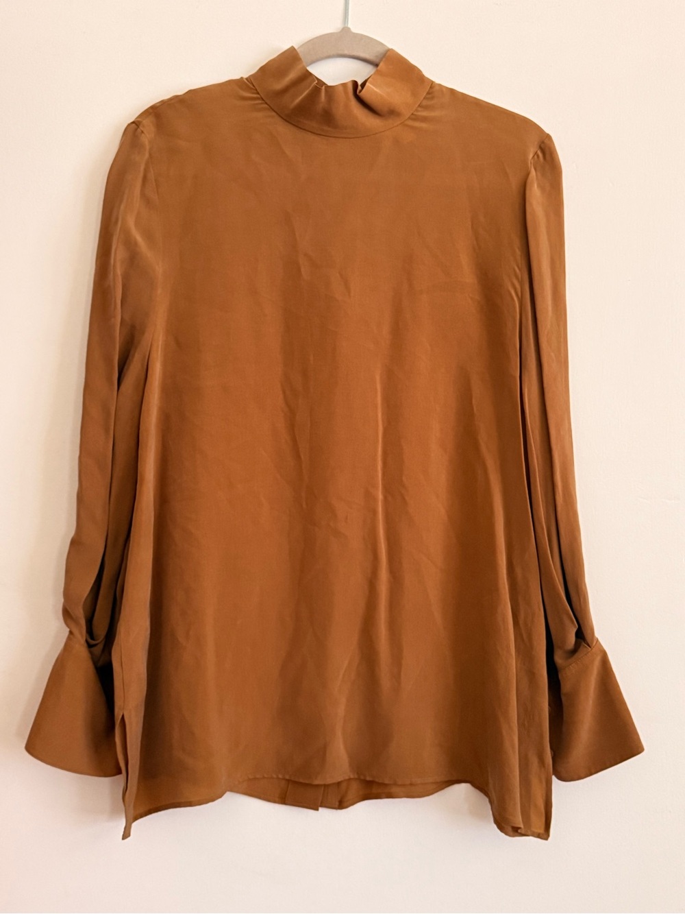 COS Blouse | 10 | Camel Cupro Mock Neck Back Button Placket Flounce Cuff
